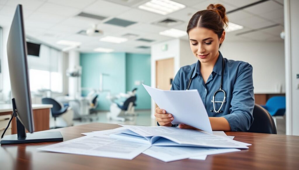 A modern, well-organized dental clinic interior. In the foreground, a desk with legal documents, a computer, and a professional-looking staff member reviewing regulations. The middle ground features exam rooms with medical equipment, conveying a sense of healthcare and compliance. The background showcases a bright, clean waiting area with soothing colors and natural lighting, reflecting the clinic's commitment to patient comfort and regulatory adherence. The overall atmosphere exudes professionalism, attention to detail, and a dedication to upholding regulatory standards in the dental industry.