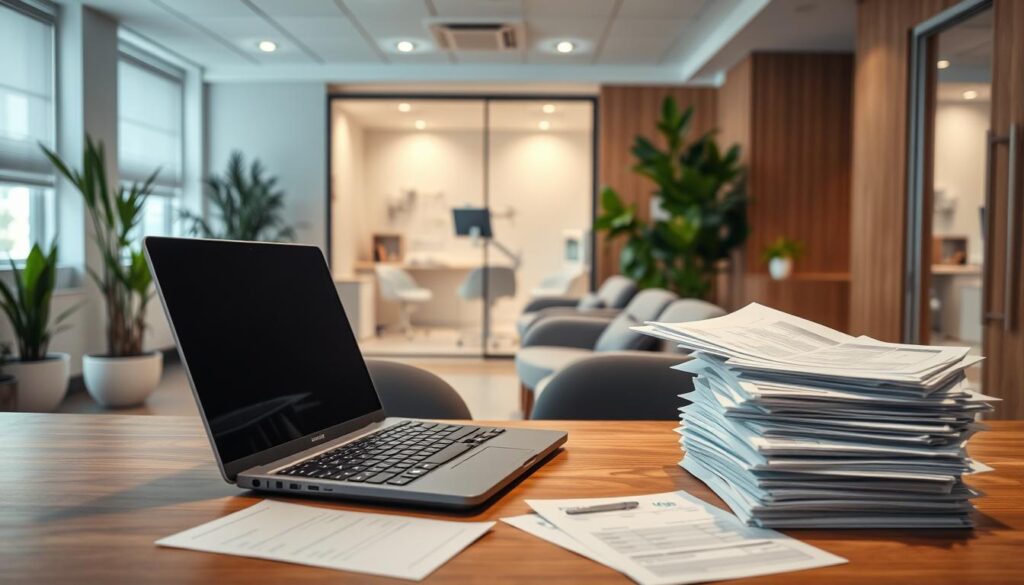 A modern, well-organized dental clinic office with a clean, professional atmosphere. In the foreground, a wooden desk with a laptop, calculator, and stacks of financial documents, representing the efficient financial management. The middle ground shows a waiting area with comfortable chairs and potted plants, conveying a welcoming ambiance. In the background, the clinic's examination rooms are visible, with medical equipment and a white, sterile aesthetic. The lighting is warm and indirect, creating a calm, focused mood. The scene is captured with a slightly elevated camera angle, providing a comprehensive view of the clinic's financial control and overall organization.