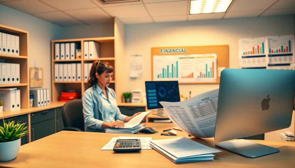 A modern, well-organized dental clinic office, with a receptionist's desk in the foreground. In the middle ground, a financial manager reviewing spreadsheets and invoices on a computer, surrounded by financial documents and a calculator. The background features shelves of patient records and a bulletin board displaying financial charts and graphs. The lighting is warm and professional, creating a sense of efficiency and attention to detail. The overall atmosphere conveys a well-managed, data-driven approach to financial control and reporting within the dental practice.