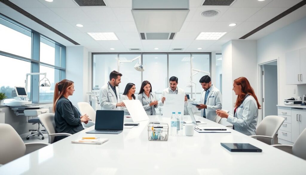 A modern, well-organized dental clinic planning session. In the foreground, a team of medical professionals around a sleek conference table, discussing strategy on crisp white boards. The middle ground features an array of dental equipment and supplies, conveying the clinic's focus on advanced patient care. The background showcases the clinic's bright, airy interior design with large windows allowing natural light to filter in, creating a calming, professional atmosphere. The lighting is soft and even, utilizing a mix of recessed and task lighting to highlight the collaborative meeting. The camera angle is slightly elevated, providing an expansive view of the strategic planning session.