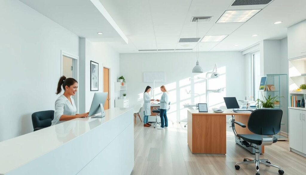 A modern, well-organized dental clinic with a bright, airy atmosphere. The foreground features a clean, minimalist reception desk with a friendly receptionist working on a computer. The middle ground showcases a team of dental professionals, including a dentist and dental assistant, discussing financial paperwork at a consultation area. The background depicts a state-of-the-art treatment room with advanced dental equipment, creating a sense of professionalism and high-quality care. Soft, natural lighting illuminates the scene, conveying a welcoming and trustworthy ambiance for dental financial management.