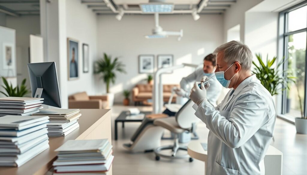 A modern, well-organized dental clinic with a clean, professional atmosphere. In the foreground, a receptionist desk with a computer and stacks of organized patient files. Behind it, an open waiting area with stylish furniture and potted plants, inviting patients to relax. In the middle ground, a dentist examining a patient's teeth using high-tech dental equipment, demonstrating efficient and precise procedures. The background features bright, natural lighting flooding the clinic, creating a calming, reassuring environment. The overall scene conveys a sense of competence, attention to detail, and a focus on delivering high-quality, error-free dental services to patients.