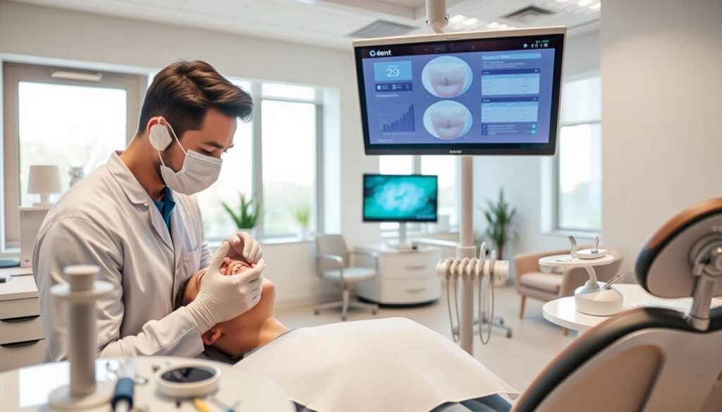 A modern, well-organized dental clinic with a focus on time optimization. In the foreground, a dentist examines a patient's teeth using advanced dental equipment. The middle ground features neatly arranged dental tools, sterilized instruments, and a sleek computer monitor displaying patient records. The background showcases a clean, minimalist waiting area with comfortable seating and natural lighting filtering through large windows. The overall atmosphere conveys a sense of efficiency, professionalism, and patient-centric care, reflecting the theme of optimizing time management in a dental practice.
