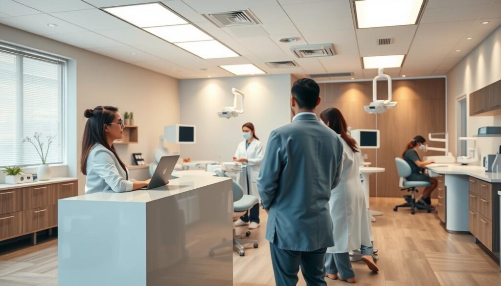 A modern, well-organized dental clinic with a seamless workflow. In the foreground, a receptionist greets patients at a sleek, minimalist reception desk. In the middle ground, dental assistants efficiently prepare examination rooms with state-of-the-art equipment. In the background, dentists consult with patients, discussing treatment plans under soft, warm lighting. The clinic exudes a sense of professionalism, comfort, and attention to detail, reflecting an optimized, patient-centric workflow.
