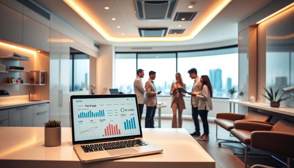 A modern, well-organized dental clinic with a sleek, minimalist interior design. Warm lighting illuminates the space, creating a serene and professional atmosphere. In the foreground, a laptop displays financial data and graphs, showcasing efficient management of key metrics like patient bookings, revenue, and expenses. The middle ground features a team of financial analysts and practice managers reviewing budgets and discussing strategies for sustainable growth. In the background, a large window overlooks a cityscape, symbolizing the clinic's position within the larger healthcare ecosystem. The overall scene conveys a sense of control, optimization, and forward-thinking financial management for the dental practice.