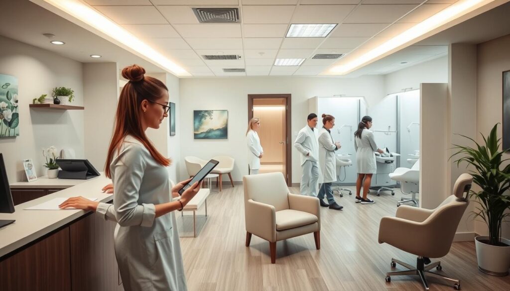 A modern, well-organized dental clinic with efficient patient flow. In the foreground, a receptionist assists a patient at the front desk, using a tablet to check them in. The middle ground depicts a spacious, light-filled waiting area with comfortable chairs and peaceful decor, reflecting a calming atmosphere. In the background, a team of dental professionals, dressed in clean, sterile attire, move purposefully through the clinic, attending to patients in private examination rooms. Soft, natural lighting illuminates the scene, highlighting the clinic's attention to detail and focus on patient comfort and care.