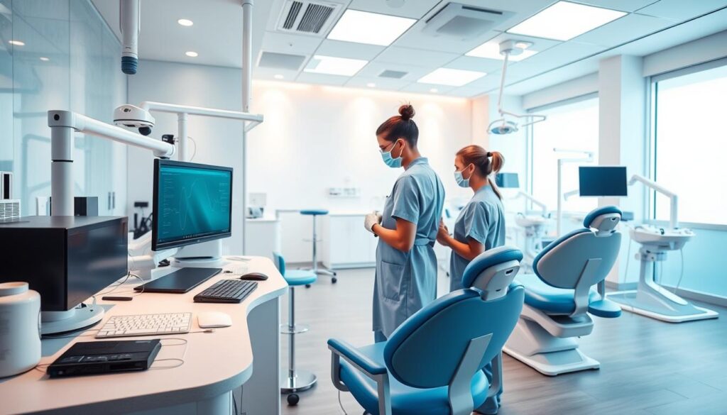A modern, well-organized dental clinic with optimized workflows. The foreground features a dentist's workstation with high-tech equipment, clean surfaces, and ergonomic design. In the middle ground, dental assistants smoothly coordinate patient care, leveraging digital tools and efficient protocols. The background showcases a spacious, light-filled treatment area with state-of-the-art dental chairs, soothing colors, and a sense of tranquility. The overall atmosphere conveys a professional, patient-centric environment where clinical processes are streamlined and optimized for superior dental care.