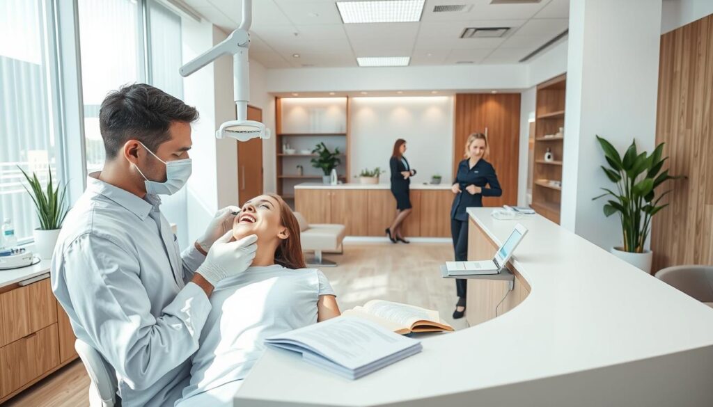 A modern, well-organized dental clinic with professional staff. In the foreground, a dentist examining a patient's teeth using advanced dental equipment, the lighting is bright and clean. In the middle ground, a receptionist is assisting a patient at the front desk, surrounded by medical records and scheduling books. In the background, the clinic's interior is spacious and minimalist, with sleek furniture, natural wood accents, and potted plants creating a calming, spa-like atmosphere. Overall, the scene conveys a sense of efficiency, professionalism, and patient-centered care that exemplifies the concept of "dental office management".