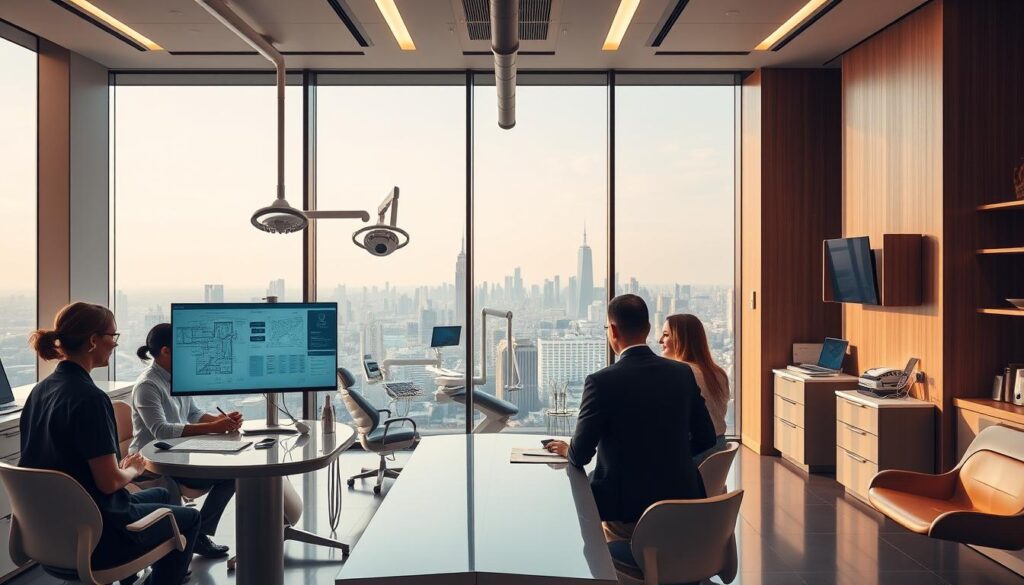 A modern, well-organized dental clinic with sleek, minimalist decor. In the foreground, a team of dental professionals gathered around a conference table, engaged in a strategic planning session. Detailed architectural floor plans, financial reports, and patient data displayed on a large screen behind them. The middle ground features state-of-the-art dental equipment, gleaming instruments, and a pristine waiting area with comfortable seating. The background showcases a panoramic view of a bustling city skyline through floor-to-ceiling windows, conveying a sense of professionalism and success. Warm, directional lighting illuminates the scene, creating a focused, productive atmosphere. The overall impression is one of a highly efficient, forward-thinking dental practice poised for growth and excellence.