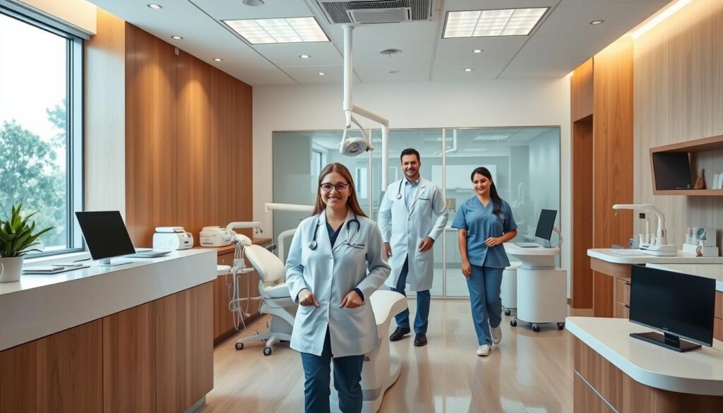 A modern, well-organized dental clinic with sleek, minimalist design. The reception area features a warm, welcoming atmosphere with natural light filtering through large windows. In the treatment rooms, state-of-the-art equipment is neatly arranged, showcasing efficient, patient-centric workflow. The dental professionals move with confident precision, delivering high-quality care in a calm, reassuring manner. Patients appear relaxed and satisfied, reflecting the clinic's commitment to exceptional service and a patient-first approach to dental management. An overall sense of professionalism, innovation, and seamless operations radiates throughout the space.