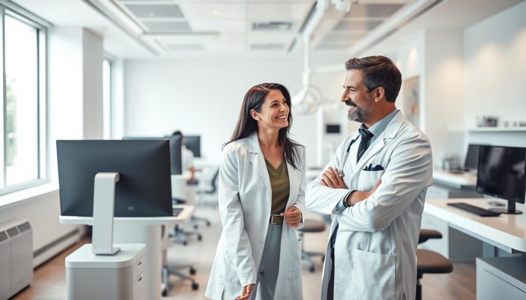 A modern, well-organized dental office interior with natural lighting, clean lines, and minimalist design elements. In the foreground, a dentist consults with a patient, discussing treatment options and the importance of effective clinic management. In the middle ground, administrative staff work at sleek computer stations, handling appointments, billing, and other essential practice operations. The background showcases advanced dental equipment, neatly arranged, symbolizing the clinic's commitment to cutting-edge technology and patient care. An atmosphere of professionalism, efficiency, and patient-centric focus pervades the scene, highlighting the crucial role of skilled management in delivering exceptional dental services.