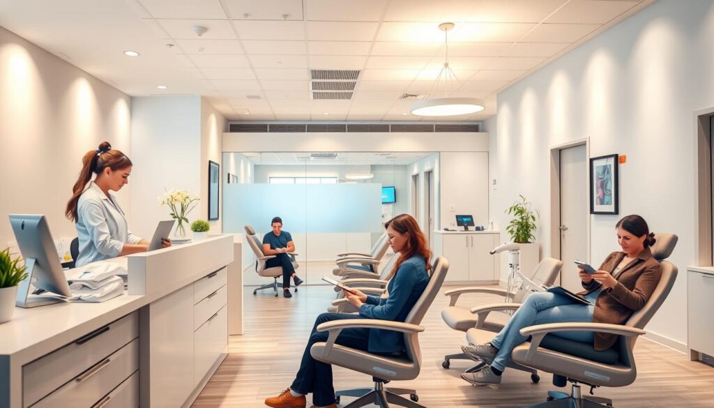 A modern, well-organized dental office reception area, bathed in soft, warm lighting. The foreground features a receptionist assisting a patient at the front desk, efficiently handling paperwork and scheduling. In the middle ground, patients wait comfortably in ergonomic chairs, reading magazines or using their mobile devices. The background showcases a clean, minimalist design with a calming color palette, promoting a sense of tranquility and efficiency. The overall scene conveys a streamlined, patient-centric workflow, with the dental staff optimizing their time to provide a seamless and pleasant experience.