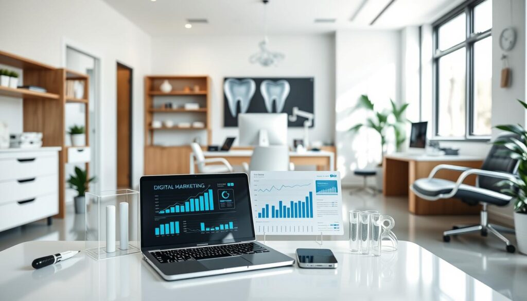 A modern, well-organized dental office, with a clean, minimalist aesthetic. In the foreground, a selection of digital marketing tools are prominently displayed, including a laptop, smartphone, and various analytic graphs and charts. The middle ground features a desk with a computer and other office accessories, creating a professional, work-oriented atmosphere. The background showcases sleek, contemporary furniture and decor, with hints of dental-related imagery, such as teeth or dental equipment, to reinforce the medical/dental focus. The lighting is bright and natural, creating a sense of openness and productivity. The overall mood is one of efficiency, organization, and a forward-thinking approach to digital marketing for a dental practice.