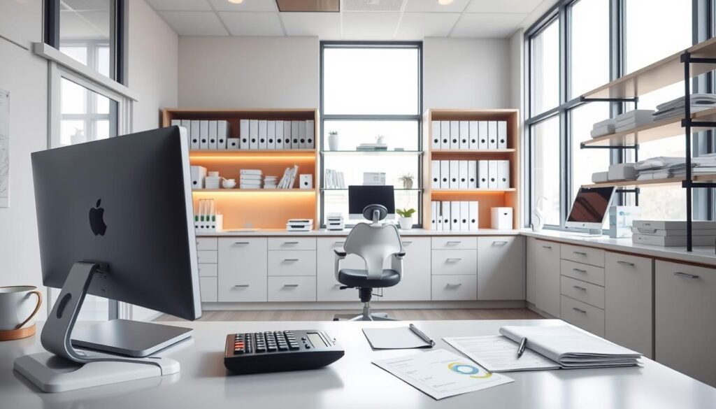 A modern, well-organized dental office with a focus on financial management. In the foreground, a desk with a computer, calculator, and neatly arranged paperwork, conveying a sense of order and control. In the middle ground, shelves and cabinets displaying accounting records, medical supplies, and patient files, all meticulously organized. The background features large windows allowing natural light to flood the space, creating a warm and professional atmosphere. The lighting is soft and even, accentuating the clean, minimalist design. The overall scene exudes a sense of efficiency, attention to detail, and a commitment to financial stewardship, perfectly capturing the essence of effective dental practice management.