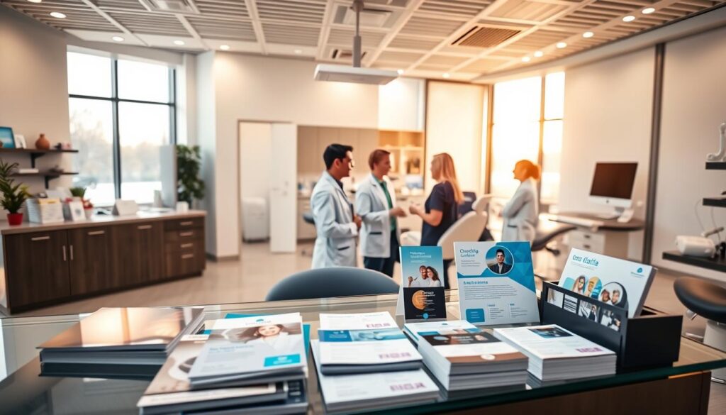 A modern, well-organized dental office with sleek, minimalist decor. In the foreground, various free marketing materials such as brochures, flyers, and business cards are neatly displayed on a glass-topped reception desk. The middle ground features a team of friendly dentists and staff engaged in conversation, exuding a sense of professionalism and approachability. The background showcases the clinic's state-of-the-art equipment and technology, all bathed in warm, natural lighting that filters through large windows. An atmosphere of efficiency, affordability, and patient-centric care pervades the scene, conveying the idea that effective dental practice management and marketing can indeed be achieved without incurring significant costs.
