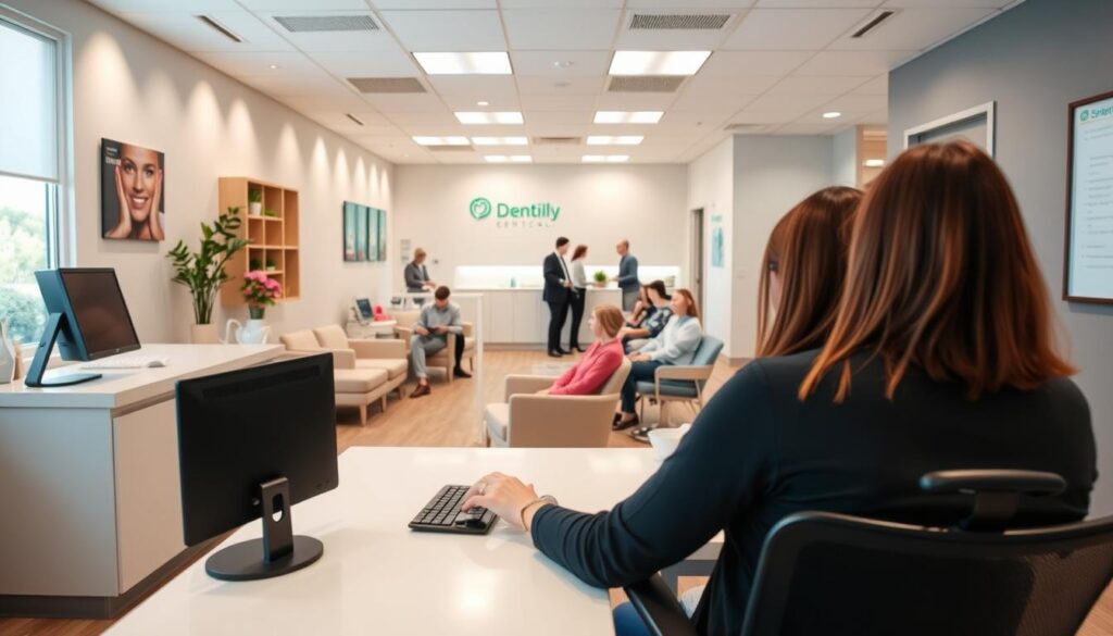 A modern, well-organized dental reception area with patients being efficiently processed. In the foreground, a receptionist seated at a clean, minimalist desk, focused on a computer screen. Behind them, patients seated in comfortable chairs, waiting in a bright, open-concept space with soft lighting and natural decor elements. The middle ground features a smooth flow of patients moving through the reception, with staff members assisting them with a sense of calm professionalism. The background showcases the dental clinic's branding and signage, projecting an image of a well-run, patient-centric practice. The scene conveys a sense of order, efficiency, and a pleasant, streamlined patient experience.