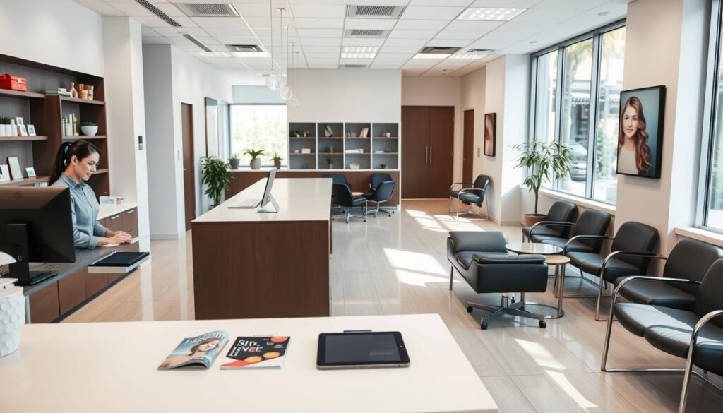 A modern, well-organized dental reception area. In the foreground, a receptionist assists a patient at a sleek, minimalist desk, handling paperwork efficiently. The middle ground showcases a comfortable waiting area with ergonomic chairs and strategic placement of magazines and tablets to keep patients occupied. The background features a clean, bright aesthetic with natural lighting streaming in through large windows, creating a calming atmosphere. The overall scene conveys a sense of professionalism, organization, and a streamlined workflow to optimize the patient experience.