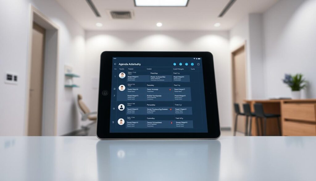 A modern, well-organized digital agenda for a dental clinic, with a clean and intuitive interface displayed on a sleek tablet device. The screen shows a detailed schedule of appointments, with icons and color-coding to clearly indicate patient status, treatment types, and other relevant information. The agenda is set against a backdrop of a minimalist, light-filled clinic interior, with muted tones and subtle design elements that reflect a professional, high-tech atmosphere. Soft, diffused lighting illuminates the scene, creating a sense of calm and efficiency. The overall composition conveys a seamless integration of technology and patient-centered care.