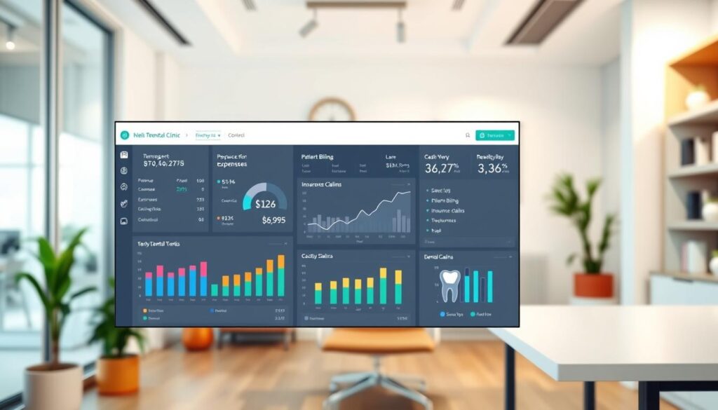 A modern, well-organized financial management dashboard for a dental clinic. In the foreground, a clean, minimalist interface displays key financial metrics such as revenue, expenses, and cash flow. The middle ground features detailed charts and graphs, presenting data on patient billing, insurance claims, and inventory management. In the background, a warm, professional office setting with tasteful decor and natural lighting creates a calming, productive atmosphere. The overall visual tone conveys a sense of control, efficiency, and data-driven decision-making essential for the financial health of a successful dental practice.