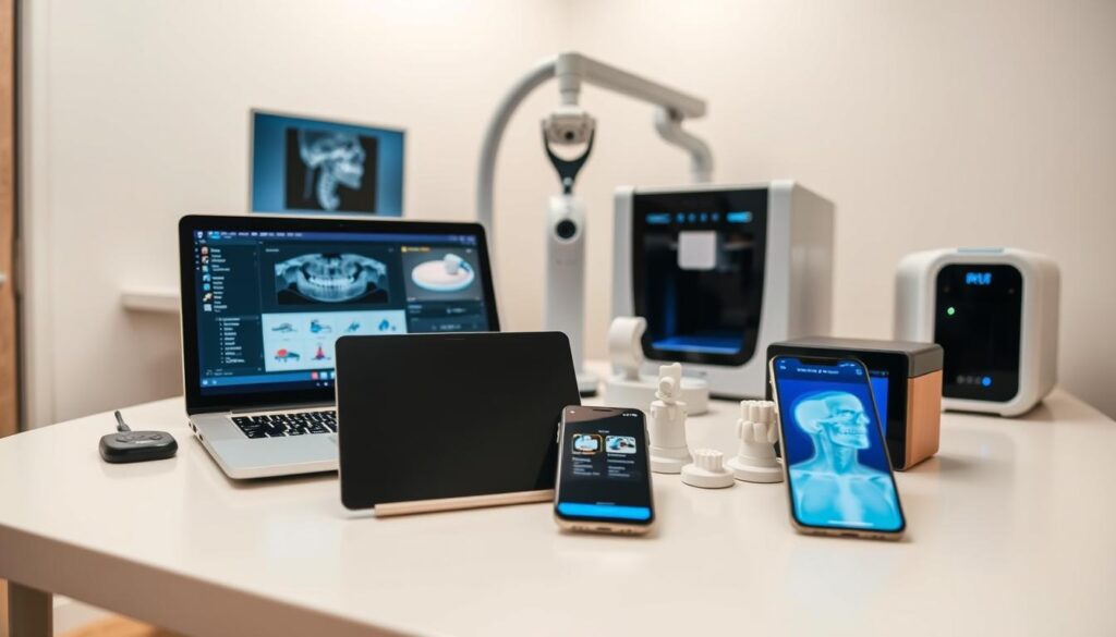 A neatly arranged collection of cutting-edge digital tools essential for modern dentistry. In the foreground, a sleek laptop, tablet, and smartphone with dental-related software and apps. In the middle ground, a digital X-ray scanner, intraoral camera, and 3D printer, showcasing the latest advancements in dental technology. The background features a neutrally lit, minimalist dental office setting, with clean lines and a calming atmosphere. The overall composition highlights the integration of digital solutions that empower dentists to provide efficient, high-quality care for their patients.