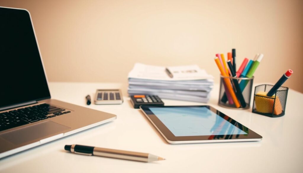 A neatly arranged set of dental management tools on a clean, white surface. In the foreground, a laptop, a pen, and a digital tablet with a dentistry software interface. In the middle ground, a stack of organized paperwork, a calculator, and a desk organizer containing various pens, highlighters, and sticky notes. The background softly fades into a plain, neutral wall, allowing the tools to take center stage. The lighting is warm and diffused, creating a professional and productive atmosphere. The overall scene conveys efficiency, organization, and a dedication to effective dental practice management.