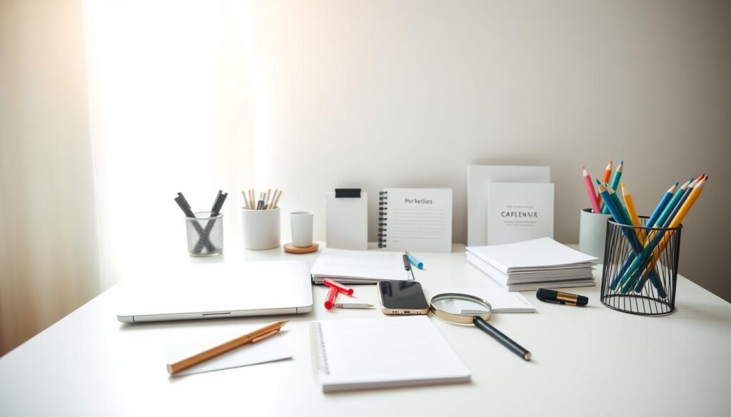 A neatly arranged workspace filled with a variety of dental marketing tools, including a laptop, a tablet, a smartphone, branded stationery, a magnifying glass, and a cup of pens and highlighters. The scene is lit by soft, diffused natural light streaming in through a window, creating a warm, inviting atmosphere. The tools are placed on a clean, modern desk against a plain, neutral background, allowing the focus to remain on the essential items for effective dental marketing.