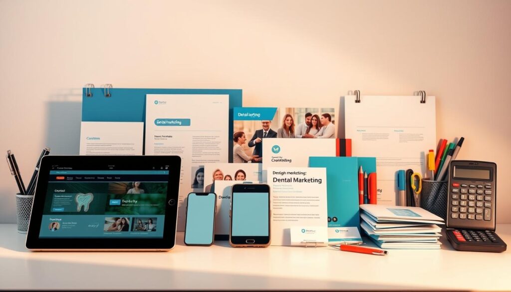 A neatly organized arrangement of dental marketing tools against a clean, softly-lit background. In the foreground, a variety of modern devices such as a laptop, tablet, and smartphone, showcasing digital marketing interfaces. In the middle ground, traditional print materials like brochures, business cards, and signage. The background features office supplies like pens, highlighters, and a calculator, creating a professional, organized atmosphere. Warm lighting from a slightly elevated angle casts gentle shadows, emphasizing the textures and materials of the tools. An overall sense of efficiency, practicality, and attention to detail conveys the importance of these essential dental marketing resources.