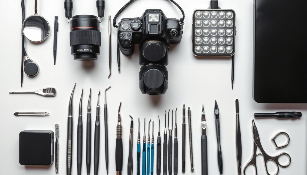 A neatly organized arrangement of dental tools and equipment, including metal dental instruments, such as mirrors, probes, and picks, alongside modern digital devices like DSLR cameras, LED lighting rigs, and computer screens. The tools are set against a crisp, clean background, evenly lit from above to highlight their intricate details and metallic finishes. The overall mood is professional, focused, and clinical, emphasizing the importance of these essential tools for effective dental practice marketing.
