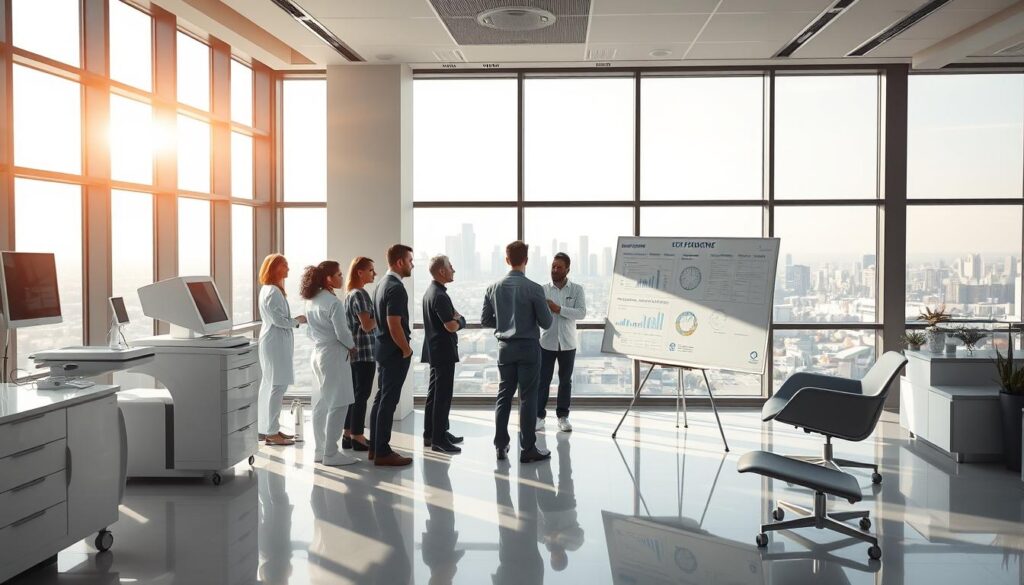 A neatly organized clinic interior, sunlight streaming through large windows, casting a warm glow on the modern, minimalist decor. In the foreground, a professional-looking team of clinic staff gathered around a large whiteboard, engaged in a strategic planning session, discussing key performance metrics and future growth strategies. The middle ground features state-of-the-art medical equipment and sleek, ergonomic furniture, suggesting a commitment to patient comfort and care. The background showcases a panoramic view of the city skyline, hinting at the clinic's prominent, centralized location. The overall mood is one of focused determination, innovation, and a dedication to excellence in healthcare service delivery.