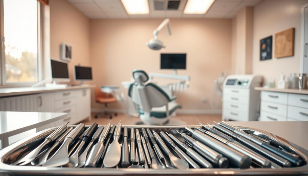 A neatly organized dental clinic, illuminated by warm, natural lighting from large windows. In the foreground, a collection of state-of-the-art dental tools and instruments, including polishers, scalpels, mirrors, and probes, arranged with precision on a gleaming stainless steel tray. In the middle ground, a sleek, ergonomic dental chair, surrounded by a range of modern equipment such as an x-ray machine, a computer monitor, and a high-powered suction unit. The background showcases the clinic's interior, with clean, minimalist decor and soothing earth-toned accents, conveying a sense of professionalism and patient comfort.
