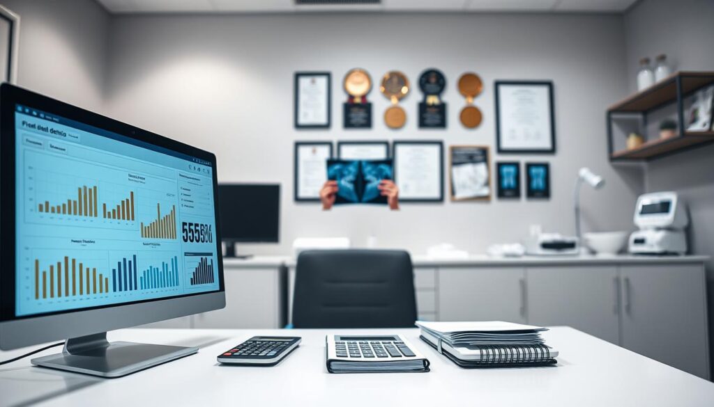A neatly organized dental clinic office with a modern, minimalist design. In the foreground, a desktop computer displays financial data and charts, indicating the clinic's financial management system. Centered on the desk, a calculator and ledger suggest the careful tracking of income and expenses. The middle ground features a professional-looking dentist examining X-rays, symbolizing the clinical aspect of the business. In the background, a wall-mounted display showcases the clinic's awards and certifications, conveying its reputation and credibility. Soft, diffused lighting creates a calming, professional atmosphere, emphasizing the efficient and well-managed nature of the dental practice.