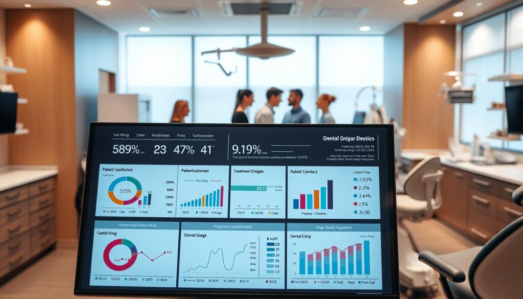 A neatly organized dental clinic workspace, with various performance indicators displayed on a large interactive monitor in the foreground. The monitor shows a dashboard of key metrics such as patient satisfaction, treatment completion rates, and financial KPIs. In the middle ground, a team of dental professionals huddles around the monitor, discussing the data and planning strategic improvements. The background depicts a modern, well-lit dental office setting with state-of-the-art equipment and a calming, professional atmosphere.