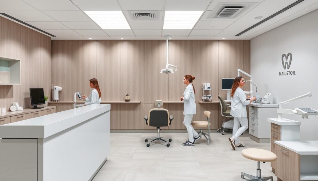 A neatly organized dental office, with a modern, minimalist design. The reception area features a sleek counter and comfortable seating, creating a welcoming atmosphere. The examination rooms are well-lit, showcasing state-of-the-art dental equipment. Dental professionals, dressed in crisp white uniforms, move about efficiently, providing personalized care to patients. The office's branding is subtle yet impactful, conveying a sense of professionalism and expertise. The overall scene exudes a sense of order, cleanliness, and attention to detail - the hallmarks of effective dental practice management.