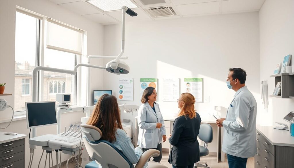 A neatly organized dental office with a variety of dental equipment and tools, including a state-of-the-art dental chair, a bright overhead light, and various instruments like dental mirrors, probes, and scalers. The office is well-lit, with natural light streaming in through large windows, creating a warm and inviting atmosphere. In the foreground, a group of dental patients are engaged in conversation with a friendly, approachable dentist, highlighting the personal, patient-centric approach of the practice. The middle ground features informative dental health posters and educational materials, while the background showcases a clean, modern aesthetic with minimalist decor and a soothing color palette.
