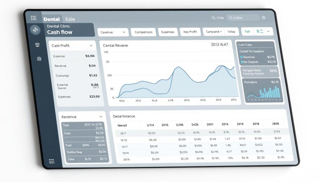 A neatly organized financial dashboard displays a comprehensive dental clinic cash flow, featuring a line graph tracking revenue, expenses, and net profit over time. The layout is clean and intuitive, with clearly labeled sections for income, outgoings, and key performance indicators. Crisp, high-contrast visuals and a muted, professional color palette create a sense of authority and expertise. The overall impression is one of careful financial management and data-driven decision making, crucial for the successful operation of a dental practice.