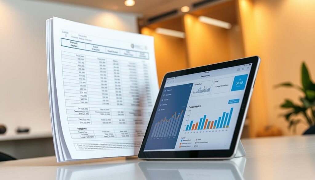 A neatly organized financial ledger floats against a clean, professional backdrop. Warm office lighting casts a soft glow, illuminating the meticulously detailed spreadsheets and charts displaying dental practice revenue, expenses, and profit margins. In the foreground, a modern tablet device showcases a dental practice management software interface, its intuitive dashboard providing an overview of key financial metrics. The scene evokes a sense of financial control, efficiency, and data-driven decision making essential for a thriving dental business.