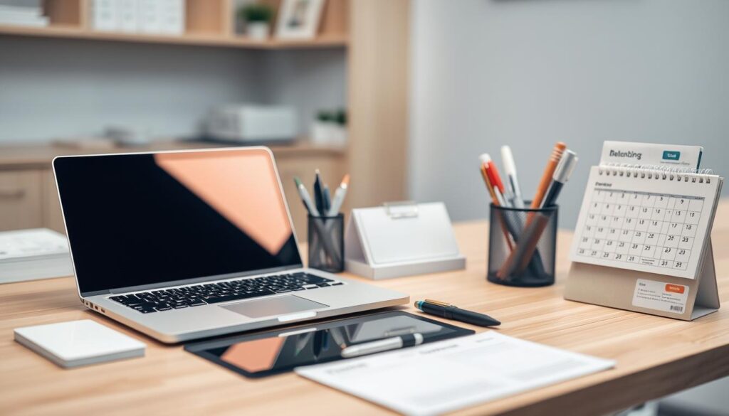 A neatly organized office desk with a variety of dental management tools, including a laptop, a tablet, a pen holder, a document organizer, and a calendar. The desk is made of light-colored wood, and the tools are arranged in a visually appealing and efficient manner. The lighting is soft and diffused, creating a calming and professional atmosphere. The background is blurred, but suggests a well-appointed dental practice or office space. The overall impression is one of a well-equipped and efficiently managed dental practice.