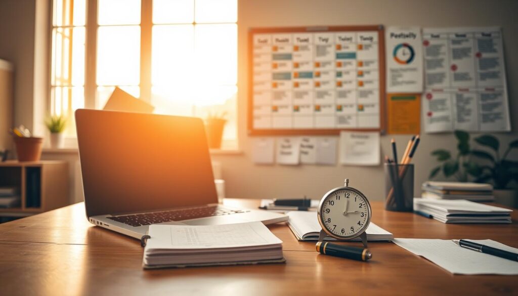 A neatly organized office workspace with a laptop, calendar, notebook, and writing utensils arranged on a wooden desk. Warm, natural lighting filters through large windows, creating a focused and productive atmosphere. In the middle ground, a Pomodoro timer ticks away, symbolizing the efficient time management techniques. In the background, a bulletin board displays a detailed schedule and productivity charts, providing a clear visual representation of workflow and goals. The overall scene conveys a sense of intentional, well-structured time management and enhanced productivity.