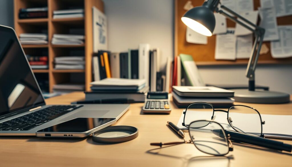 A neatly organized workspace with a variety of digital optimization tools. In the foreground, a laptop, smartphone, and tablet are arranged purposefully. The middle ground showcases a magnifying glass, a calculator, and a pair of wire-framed glasses, symbolizing the analytical nature of digital optimization. In the background, a bookshelf filled with reference materials and a corkboard displaying notes and printouts create a professional, yet cozy atmosphere. Soft, directional lighting from a desk lamp illuminates the scene, highlighting the tools and creating subtle shadows that add depth and dimension. The overall mood is one of focus, productivity, and a commitment to digital excellence.