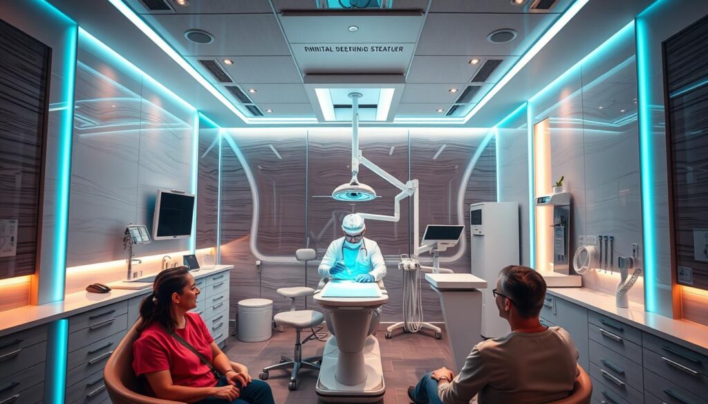 A neon-lit dental office, the walls adorned with sleek, modern design elements. At the center, a dentist engrossed in their work, surrounded by state-of-the-art equipment and tools, showcasing the practice's technological edge. In the foreground, patients seated comfortably, their expressions conveying trust and confidence in the dentist's expertise. The lighting, a blend of warm and cool tones, creates a calming and professional atmosphere. The scene is captured through a wide-angle lens, emphasizing the scale and sophistication of the practice, a visual representation of the competitive advantage in the dental market.