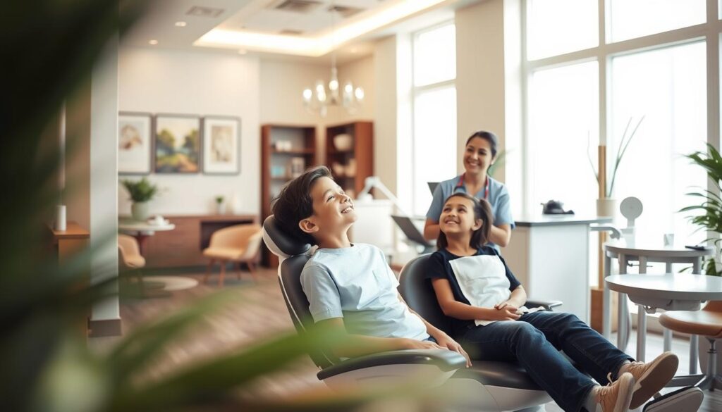 A peaceful, well-appointed dental clinic reception area. In the foreground, a young patient sits comfortably in a modern chair, leaning back and smiling contentedly as a dental assistant attends to them. Soft, natural lighting filters in through large windows, creating a calming, spa-like atmosphere. The middle ground features tasteful decor and furnishings, conveying a sense of professionalism and attention to detail. In the background, the reception desk is manned by a friendly, helpful staff member, ready to assist patients. An overall mood of tranquility, care, and positive patient experience permeates the scene.