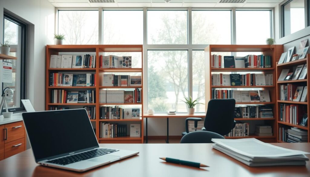 A peaceful, well-lit dental office interior. In the foreground, a desk with a laptop, pen, and a stack of documents, conveying the idea of content creation. In the middle ground, bookshelves filled with medical journals and educational materials, suggesting a focus on knowledge-sharing. The background features large windows, allowing natural light to stream in, creating a warm and inviting atmosphere. The overall scene evokes a professional, yet approachable space dedicated to educating and informing dental patients through engaging content.