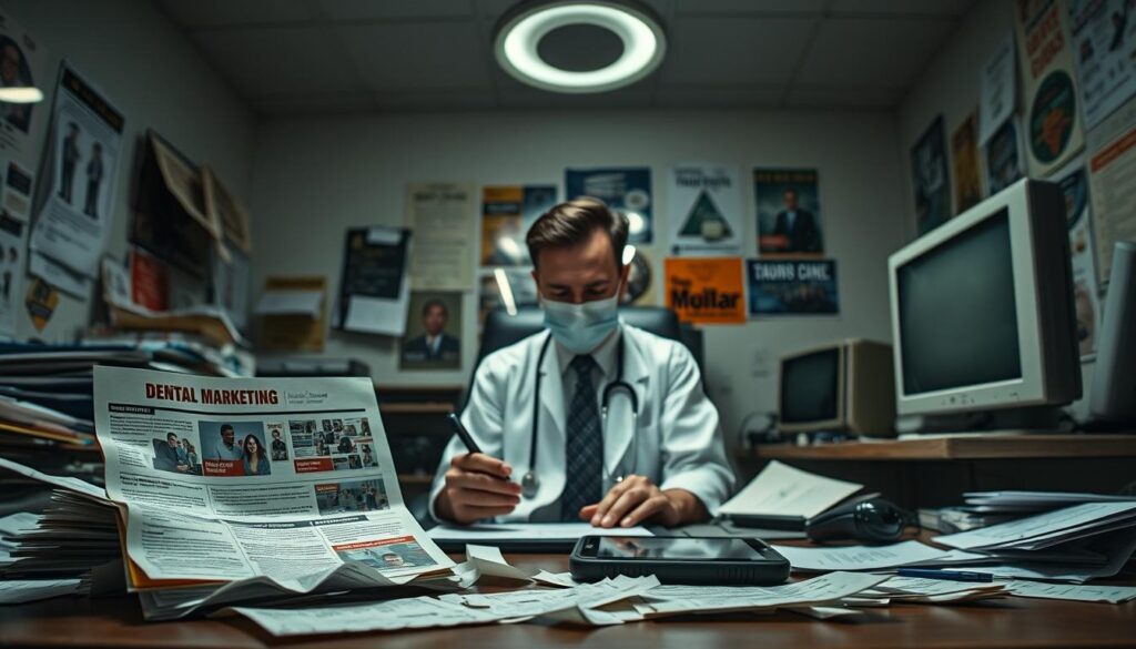 A poorly designed dental marketing campaign, with cluttered graphics, confusing layout, and ineffective messaging. Set in a dimly lit, cluttered office, with a distracted dentist surrounded by scattered papers and outdated technology. Harsh overhead lighting casts unflattering shadows, creating an atmosphere of unprofessionalism. The foreground features a crumpled brochure and a broken tablet, symbolizing the failed marketing efforts. The background showcases a jumble of outdated posters and a dated computer monitor, highlighting the lack of a cohesive, modern marketing strategy. An overall sense of disorganization and missed opportunities pervades the scene, serving as a cautionary tale for ineffective dental marketing practices.