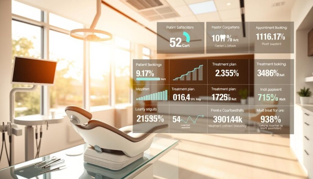 A pristine dental clinic interior, bathed in warm, natural lighting filtering through large windows. The foreground features sleek, state-of-the-art dental equipment and instruments neatly arranged on a glass-topped counter. In the middle ground, a series of infographic-style visualizations depicting key performance metrics for the clinic - patient satisfaction ratings, appointment booking trends, treatment plan completion rates, and other vital statistics. The background showcases a soothing, minimalist decor with modern furnishings and an uncluttered atmosphere, conveying a sense of professionalism and patient-centric care.