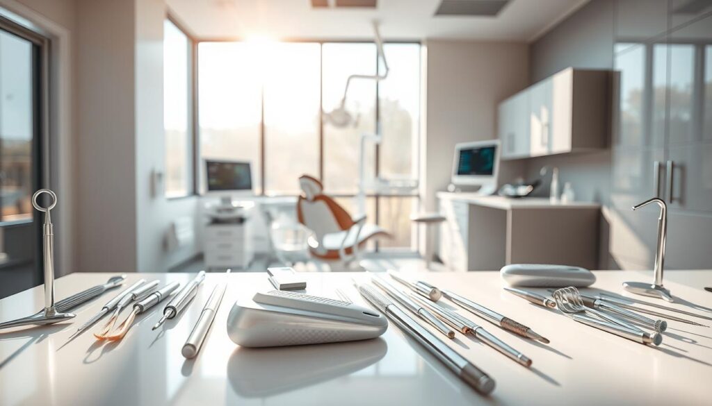 A pristine dental clinic interior, bathed in warm, natural lighting filtering through large windows. The foreground features an assortment of gleaming, state-of-the-art dental tools and instruments, meticulously arranged on a clean, white countertop. In the middle ground, a dentist's chair sits prominently, accompanied by a sophisticated dental unit with advanced digital displays. The background reveals a serene, minimalist ambiance, with muted tones and sleek cabinetry, conveying a sense of efficiency and professionalism. The overall scene exudes a calming, clinical atmosphere, perfectly suited for the implementation of cutting-edge dental technologies.