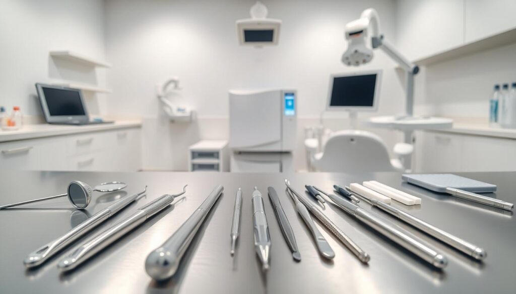 A pristine dental clinic with a well-organized array of modern tools and instruments laid out on a sleek, stainless steel countertop. The foreground features a selection of precision dental mirrors, probes, and scalers, their polished surfaces reflecting the soft, even lighting. In the middle ground, a high-quality autoclave sterilizer and an advanced digital X-ray machine stand as symbols of the clinic's commitment to patient safety and state-of-the-art technology. The background showcases a clean, minimalist aesthetic with white walls and subtle grey accents, creating a calming, professional atmosphere ideal for a dental practice.