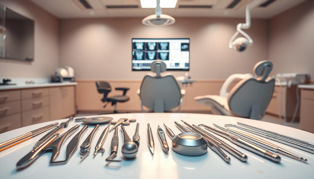 A pristine dental clinic's workstation, bathed in warm, soft lighting. In the foreground, an assortment of sleek, state-of-the-art dental tools meticulously arranged - sterilized scalpels, polishing devices, and precision-engineered dental mirrors. The middle ground showcases a modern computer monitor displaying digital x-rays and patient records, flanked by ergonomic chairs and a medical-grade dental chair. The background reveals a clean, minimalist aesthetic with soothing, neutral-toned walls, creating a calming, professional atmosphere. The entire scene exudes a sense of technological advancement, clinical excellence, and patient-centric care, perfectly capturing the "Ferramentas Tecnológicas Essenciais" for a successful dental practice.