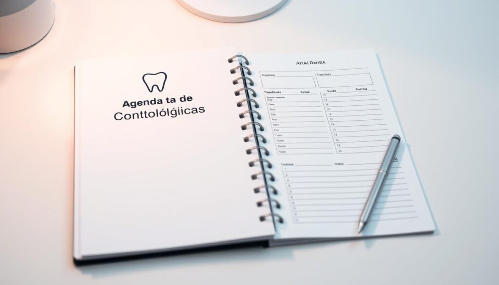 A pristine dental consultation agenda displayed on a white desk, illuminated by soft, warm lighting. The cover features a stylized tooth icon and the title "Agenda de Consultas Odontológicas" in a clean, modern font. The inside pages showcase a well-organized layout with appointment slots, patient names, and treatment notes. The agenda exudes a sense of professionalism and efficiency, reflecting the clinic's commitment to providing exceptional patient care. A sleek, silver pen rests alongside the agenda, ready to record the day's appointments. The overall scene conveys a harmonious, well-managed dental practice.
