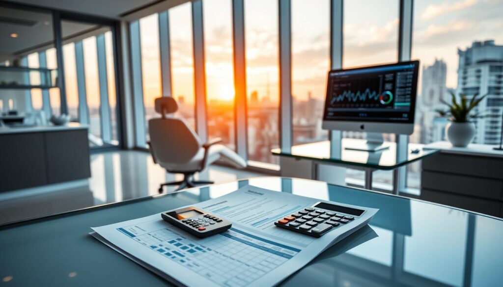 A pristine dental office interior bathed in warm, natural light. In the foreground, a financial report and calculator sit on a sleek, glass-topped desk, highlighting the meticulous management of financial records. The midground features a modern, ergonomic chair and a computer monitor displaying detailed analytics, symbolizing the integration of technology in streamlining dental practice finances. The background showcases floor-to-ceiling windows overlooking a vibrant cityscape, suggesting the business' ability to thrive in a competitive market. The overall scene conveys a sense of professionalism, efficiency, and a keen focus on the financial well-being of the dental practice.