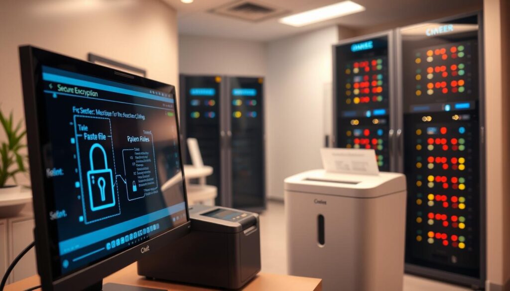 A pristine medical office, bathed in warm, soft lighting. In the foreground, a desktop computer screen displays a secure data encryption interface, the keys glowing with a subtle electronic hue. In the middle ground, a professional-grade document shredder stands ready to destroy sensitive patient files. The background reveals state-of-the-art server racks, their LED indicators pulsing rhythmically, symbolizing the constant vigilance required to safeguard digital patient records. An atmosphere of trust, technology, and unwavering commitment to data privacy pervades the scene, reflecting the importance of secure data management in modern dental clinics.